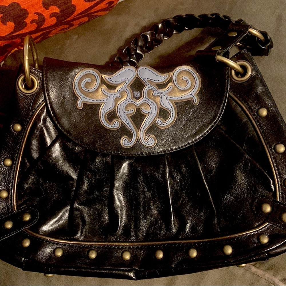 Kate Landry leather style hobo metallic and blue leather appliqué embellished .